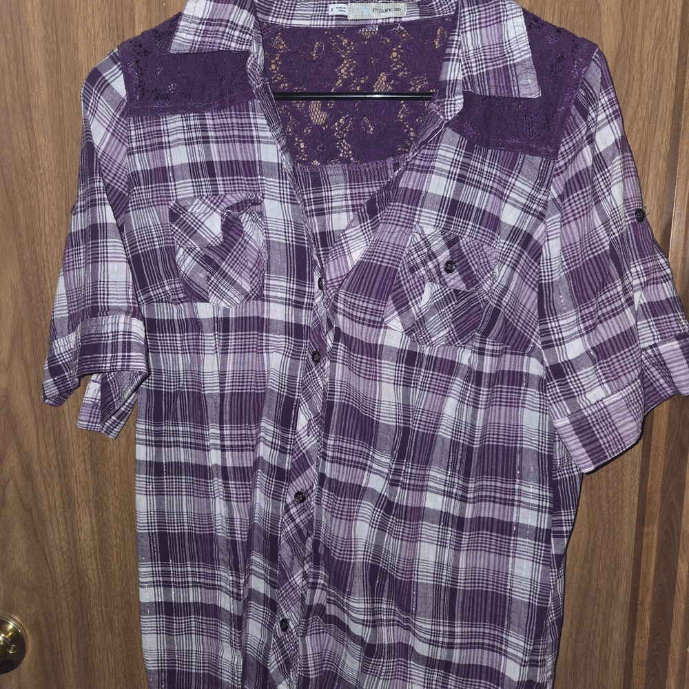 Maurices Purple and White Plaid Lace-Back Button-Up Shirt